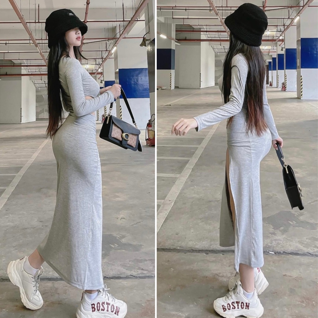 Đầm body tay dài khoét eo xéo cổ U xẻ tà trước màu đen freesize mặc đi tiệc đi chơi đi du lịch