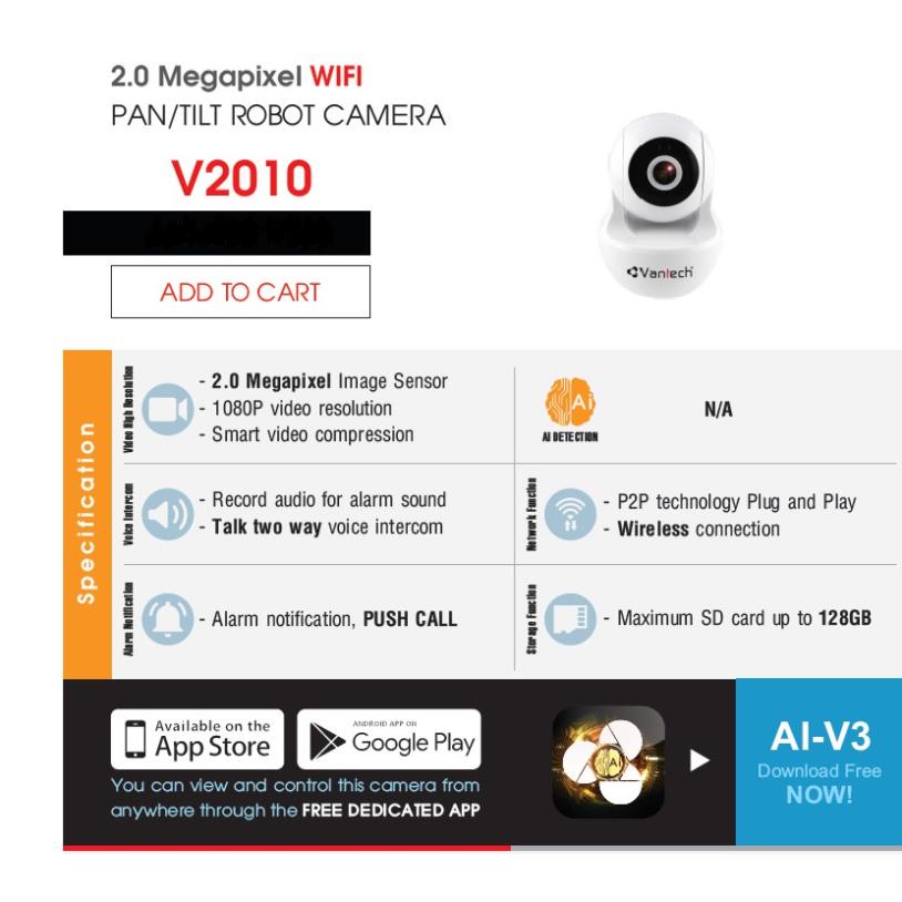  Camera Wifi Robot Vantech V2010 2.0MP - Hàng Chính Hãng