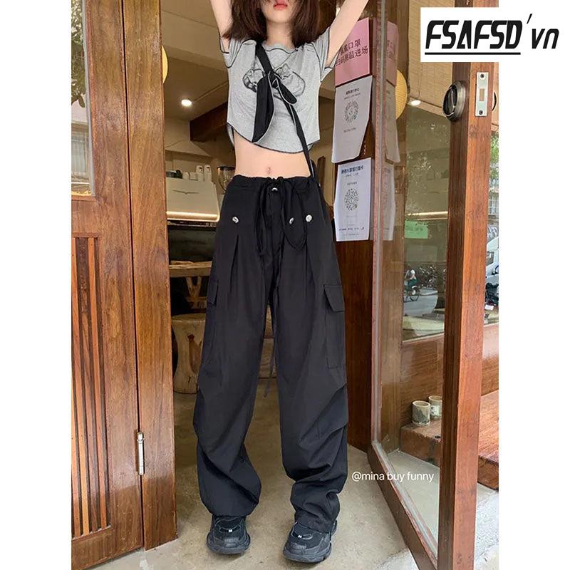 Quần Dài Lưng Cao Ống Rộng Màu Đen Phong Cách Retro Mỹ