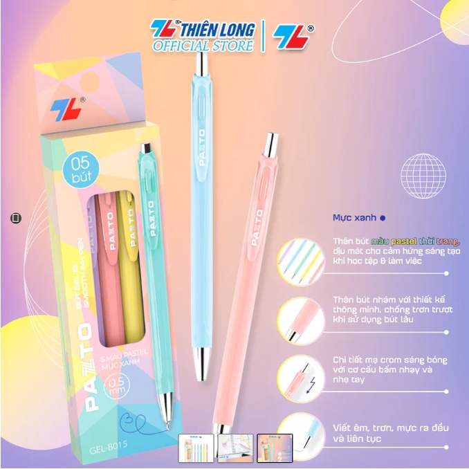 Bút gel 0.5mm màu Pastel Thiên Long Pazto GEL-B015 - Mực xanh
