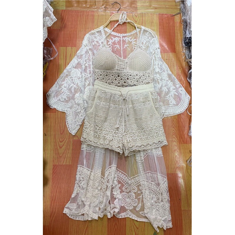 Set biển đẹp - set 3 món - áo bra vây cá + quần ren hoạ tiết đồng xu + choàng ren dài tay lượn ~100cm (có tách rời)