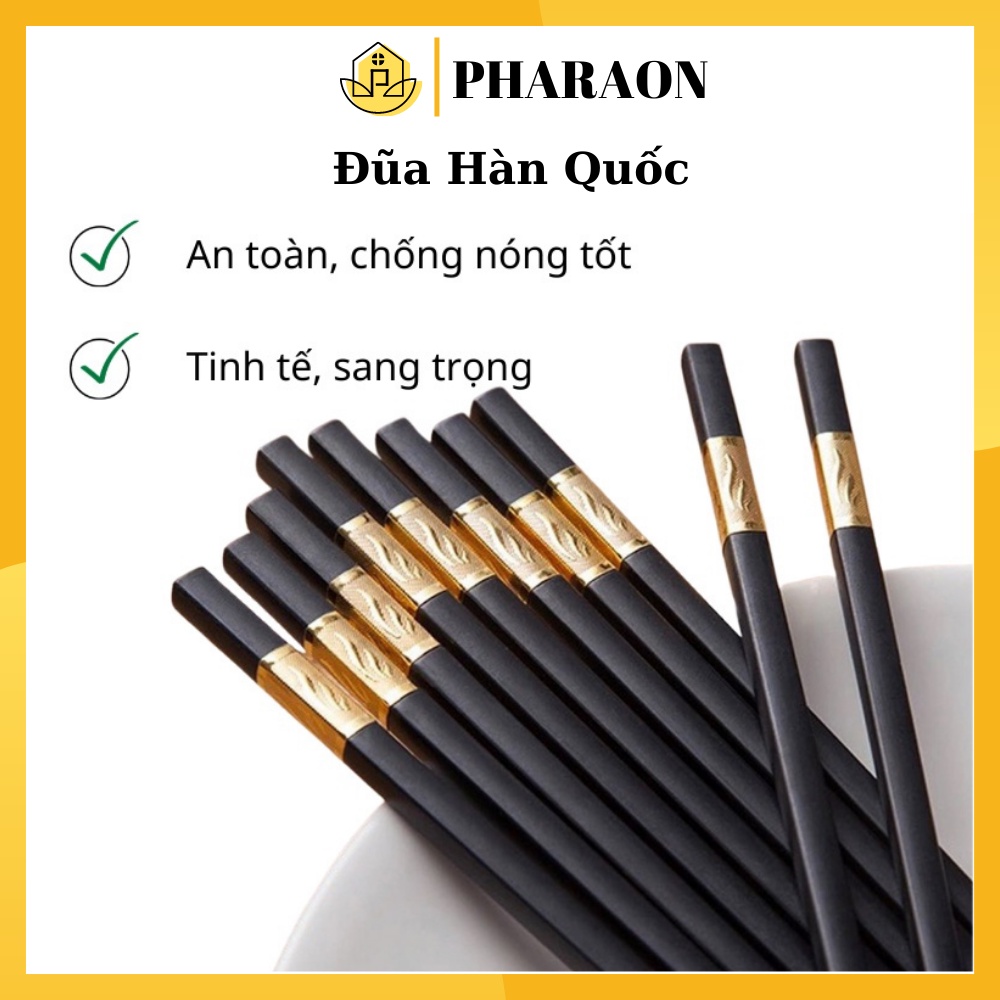 Bộ 10 đôi Đũa mạ vàng, Đũa ăn cao cấp đũa khảm vàng hàn quốc Chống Trơn Chống Mốc - PHARAON