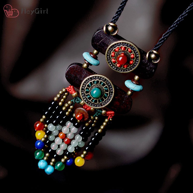 Vintage Women Boho Ethnic Bohemian Necklace Stone Beads Slice Pendants Long Rope Chain Jewelry Gifts