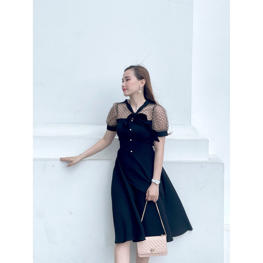 Đầm dự tiệc dáng xòe phối tay ren Cát hàn cao cấp Emvy- K48 | BigBuy360 - bigbuy360.vn
