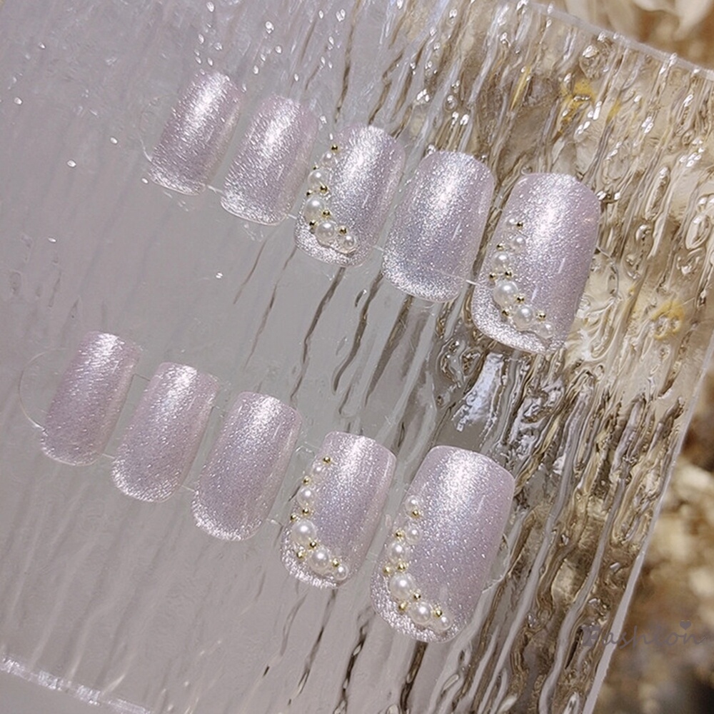 Bộ 24 Móng Tay Giả Đính Ngọc Trai Giả Màu Trắng Sáng Bóng Phong Cách Pháp Độc Đáo DIY