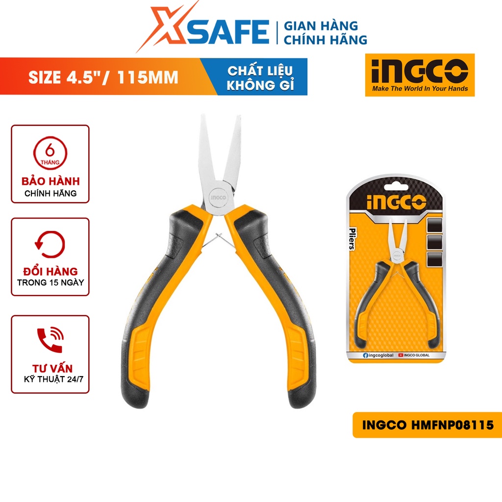 Kềm mũi dẹp mini INGCO HMFNP08115 kích thước 4.5 inch, đầu kềm được đánh bóng và chống gỉ, tay cầm hai màu