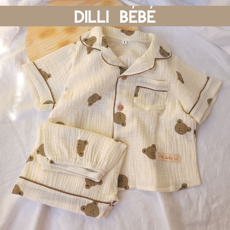 Đồ bộ ngủ áo quần Pịjama cho bé trai bé gái trẻ em sơ sinh 0 12 tháng vải Muslin Gấu - Dilli Bebe