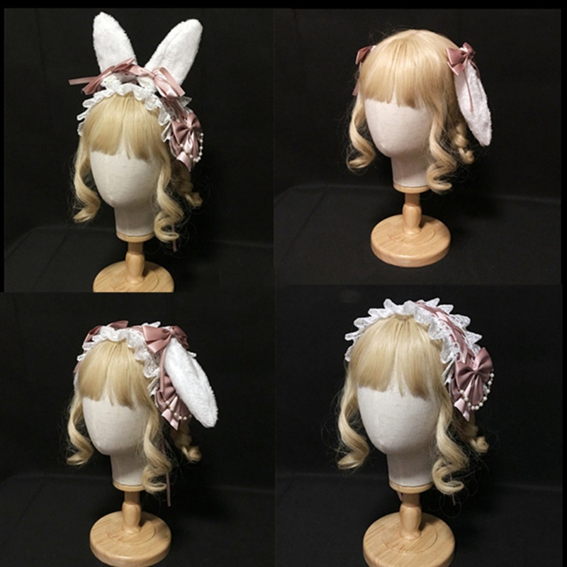 Băng Đô Tai Thỏ Phối Ren Và Ngọc Trai Dùng Hóa Trang Lolita