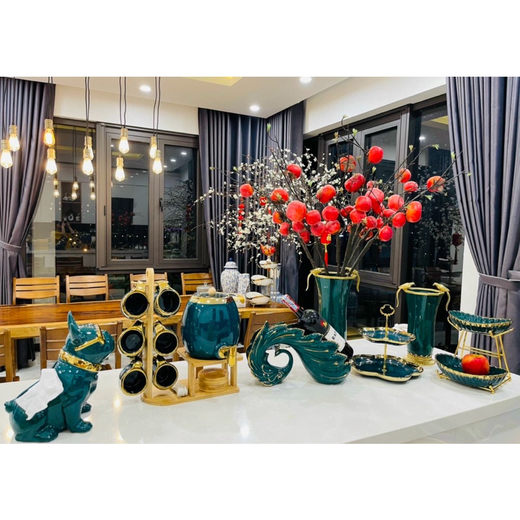 Bộ bình trà gốm sứ, bình trà sứ cao cấp xanh cổ vịt viền vàng dung tích 3l phong cách Bắc Âu