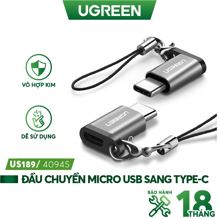 Đầu chuyển Micro USB cái sang USB-Type C đực vỏ nhôm UGREEN US189