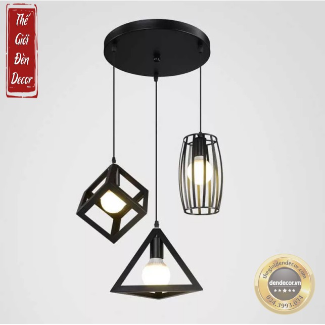 Bộ đèn thả bàn ăn T040 , Bộ 3 đèn thả hình học hiện đại kèm bóng