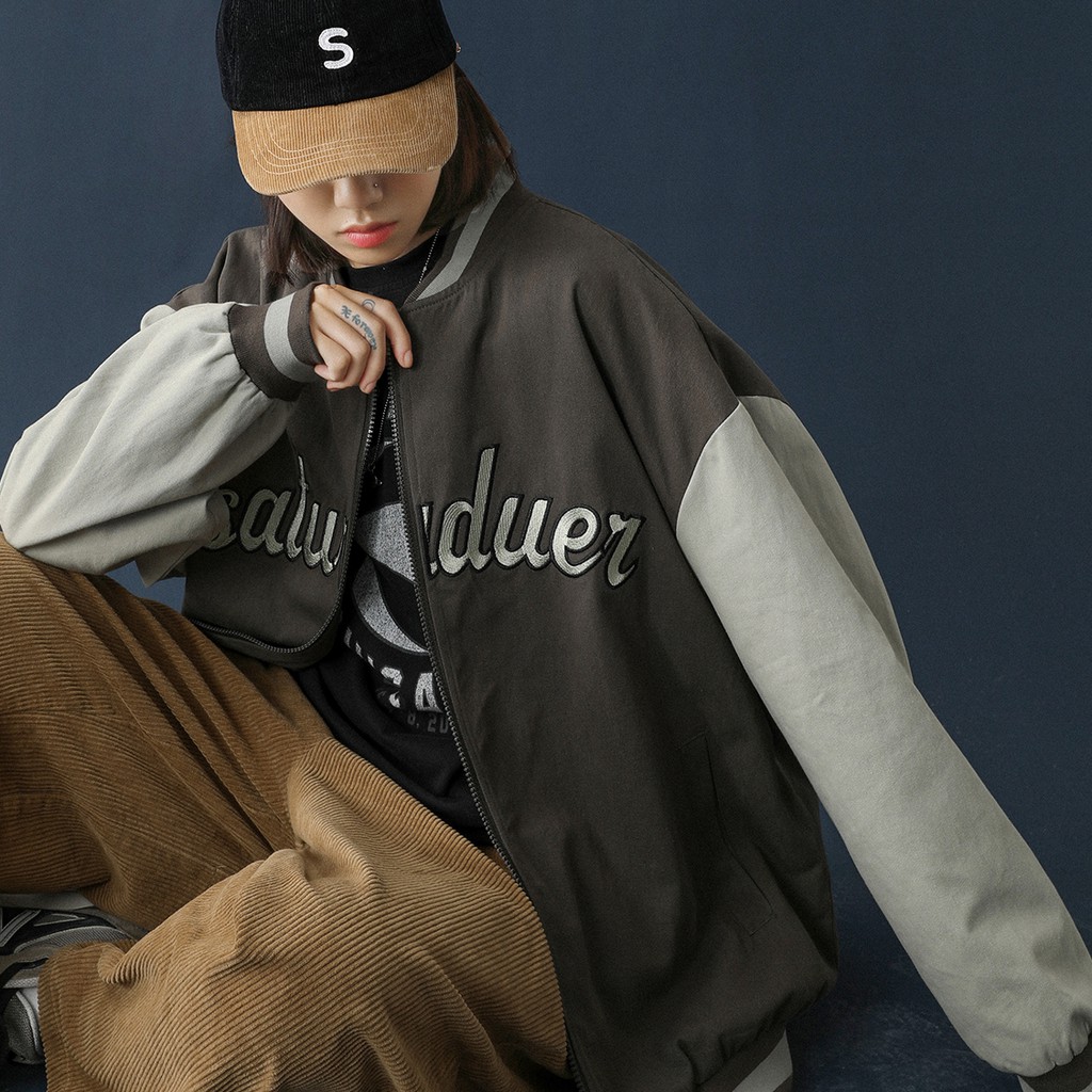 Áo khoác bóng chày- bomber varsity dạ phối tay da nam nữ hoạ tiết thêu  form rộng thời trang cho