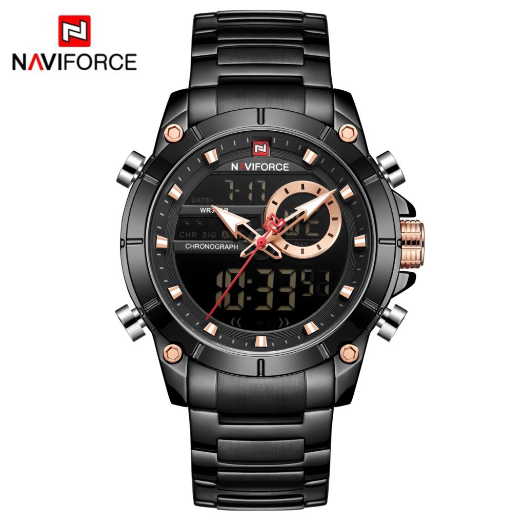 NAVIFORCE NF9163 Men Sport Fashion Stainless Steel Band Analog Digital Watch
