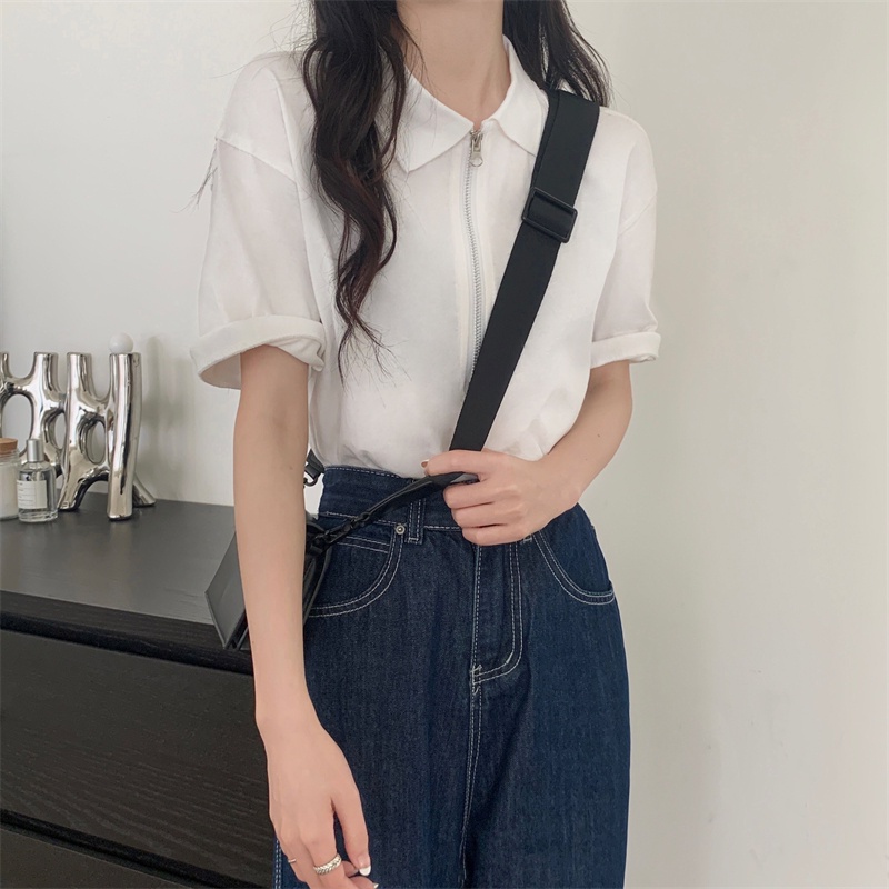 Áo Thun polo Màu Đen Tay Ngắn Có Khóa Kéo Thời Trang Cho Nữ