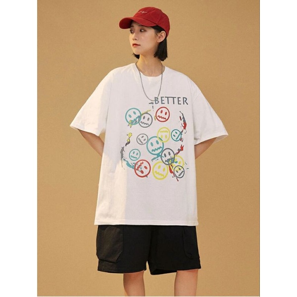Áo thun tay lỡ nam nữ, áo phông unisex form rộng chất cotton mát mịn thấm hút mồ hôi in hình mặt cười | BigBuy360 - bigbuy360.vn