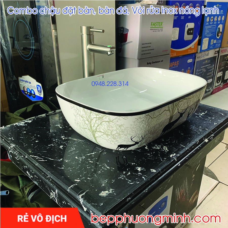 Bộ chậu rửa đặt bàn, bàn đá, vòi lavabo cao sus304 cao cấp