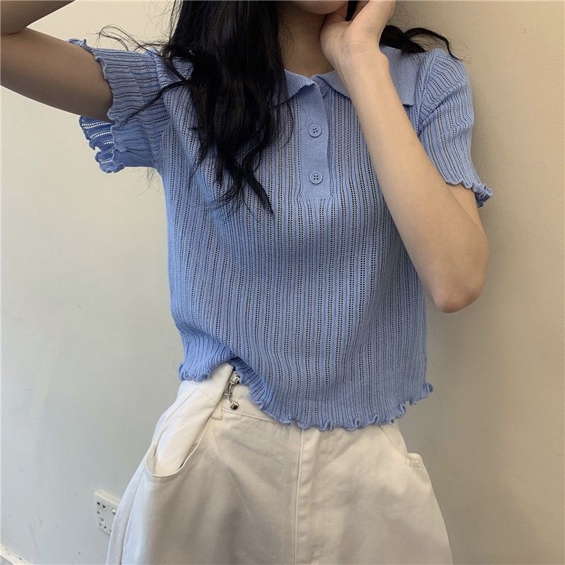 Áo Thun Polo Ngắn Tay Xinh Xắn Theo Phong Cách Retro Hàn Quốc Dành Cho Nữ | BigBuy360 - bigbuy360.vn