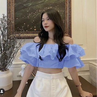 áo trễ vai nữ tay phồng , áo croptop 2 lớp bánh bèo dễ thương