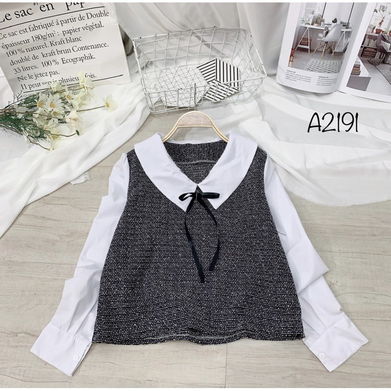 Áo dạ bố cổ sen phối sơmi