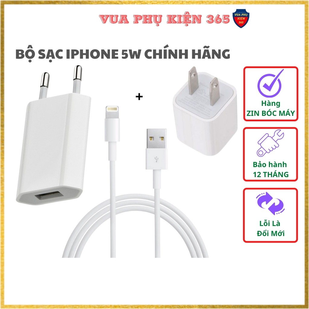 Bộ Sạc iPhone 5w CHÍNH HÃNG 5/5s/6/6Plus/6s/6sPlus/7/7Plus Cổng USB TO LIGHTNING - Hàng ZIN BÓC MÁY, Bảo Hành 12 Tháng