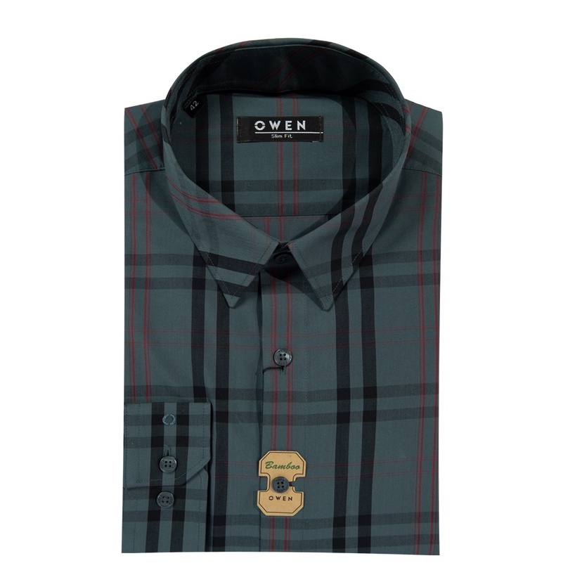 Áo sơ mi owen dài tay màu xanh đậm caro slim fit vải sợi tre AS220145D