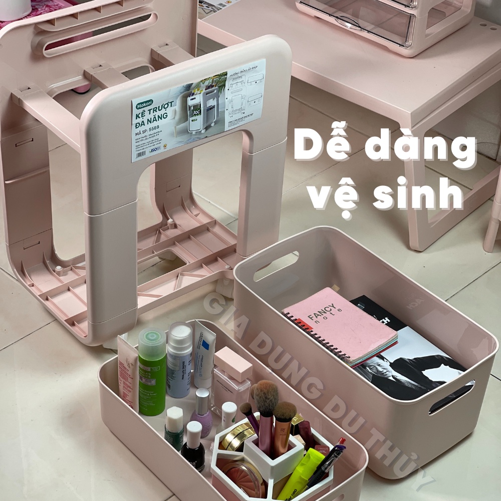 Kệ đa năng có bánh xe và ngăn trượt 2 tầng đựng sách, đựng mỹ phẩm nhựa PP cao cấp loại 1 màu pastel trắng, hồng, xanh