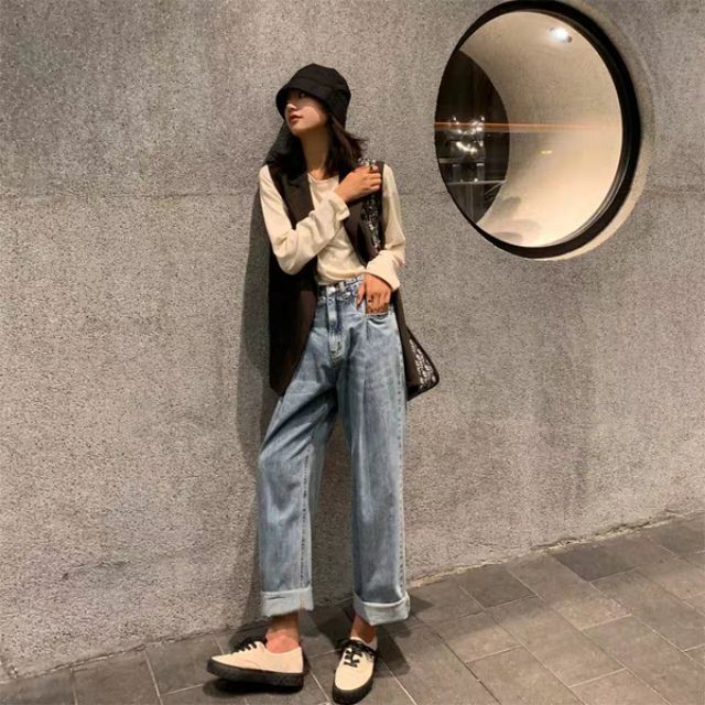 Áo croptop tay ngắn bồng - Quần jeans ống thụng Rose BLACKPINK cạp cao kiểu trẻ bó eo tôn dáng