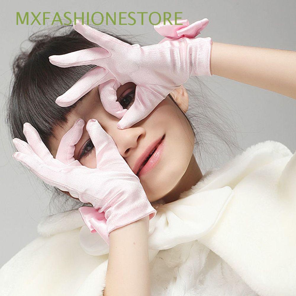 Găng Tay Ngắn Vải Lụa Satin Mềm Đính Nơ Thời Trang Dự Tiệc Cưới Cho Bạn Gái