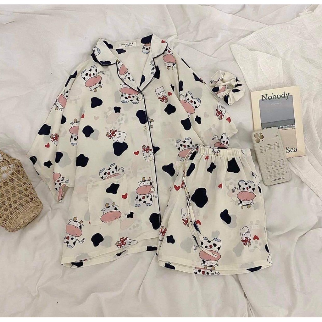 Set Pijama Buộc Tóc  Nữ [FREESHIP] 🌸 Bộ đồ quần áo mùa hè, thun bò sữa tay lỡ hình trái tim Ulzzang 🌸