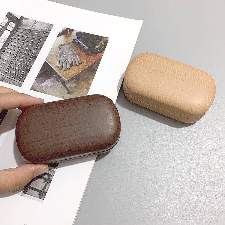 Hộp đựng kính áp tròng bằng da họa tiết vân gỗ phong cách Nhật Bản cổ điển