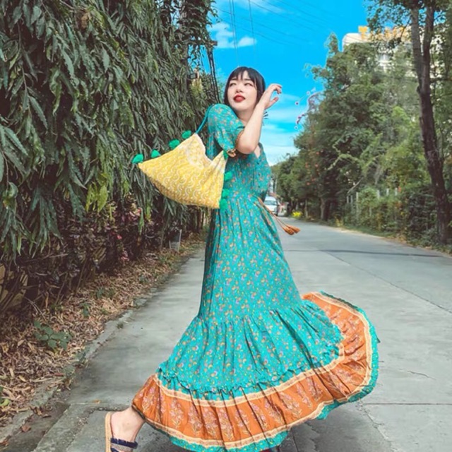 (Ảnh thật) Váy đầm maxi boho thổ cẩm vintage dáng dài tay ngắn cổ V xoè tua rua hoạ tiết đi du lịch chụp ảnh