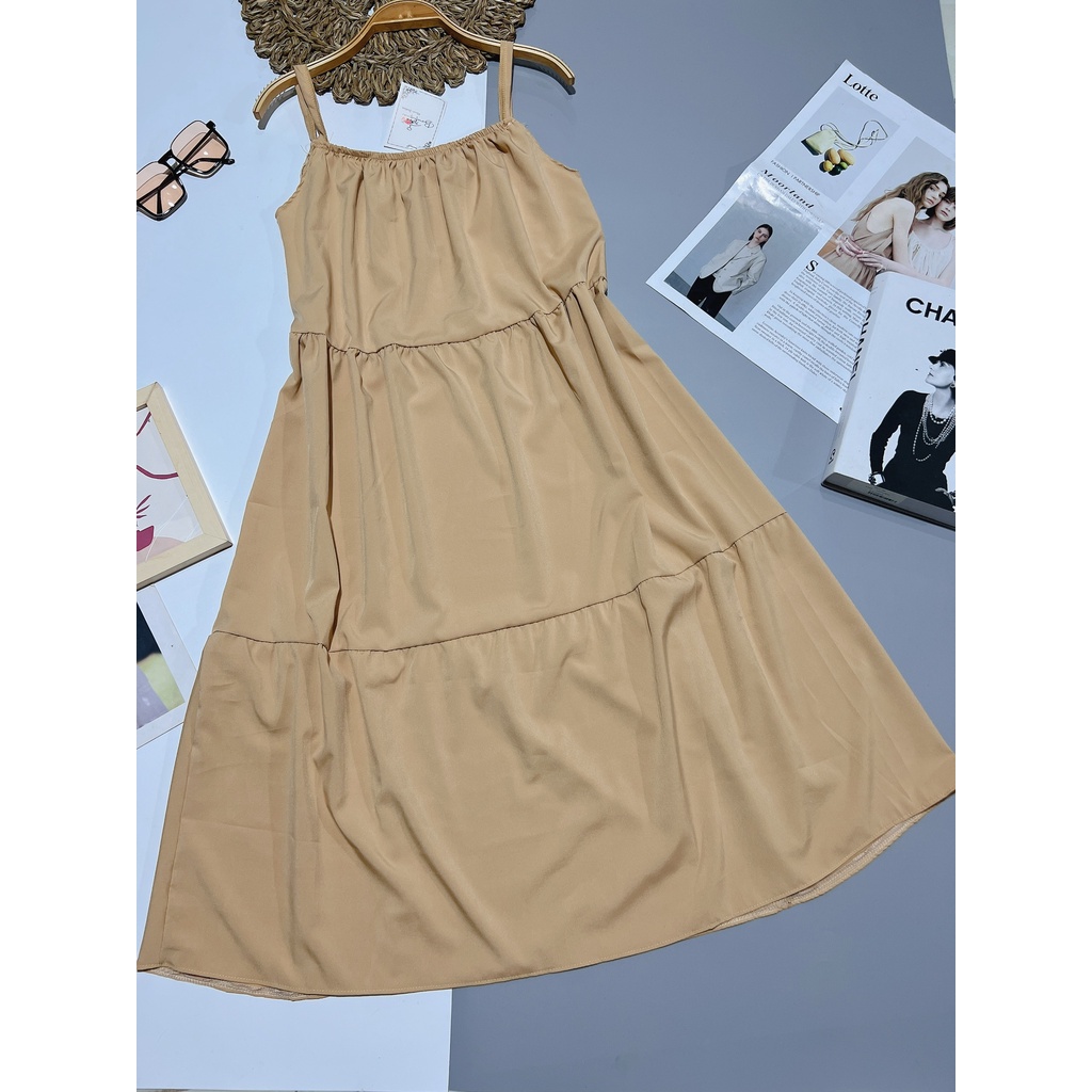 Váy maxi 2 dây 3 tầng đi biển - Đầm maxi babydoll 3 tầng dáng xuông vải đũi mềm mát rộng dài chuẩn mẫu