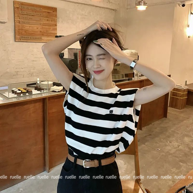 Áo Thun Không Tay Dáng Rộng Họa Tiết Kẻ Sọc Thiết Kế Mới Thời Trang Mùa Hè Dành Cho Nữ