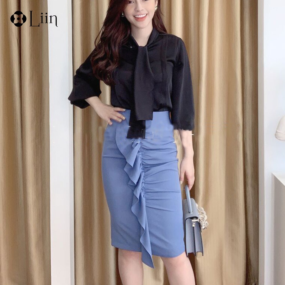 [Mã WABRM30 giảm 30K đơn 0đ] Chân váy nữ công sở dáng dài LINBI phong cách thanh lịch, sang trọng, màu xanh dương J4111