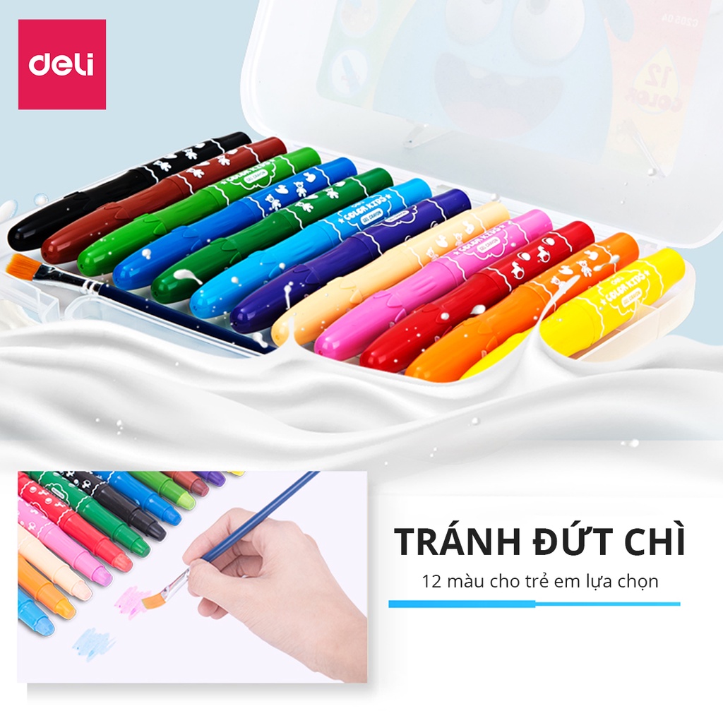 Bút Sáp Màu Nước Cao Cấp Color Kids Deli - 12 Màu - Dành cho bé từ 3 tuổi, không độc hại, kèm cọ và hộp nhựa