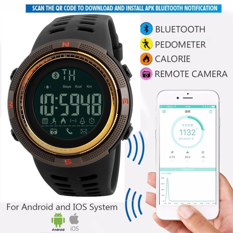 SKMEI 1250 Men Bluetooth Sports Calorie Pedometer Multifunction Waterproof No Power Digital Smart Watch