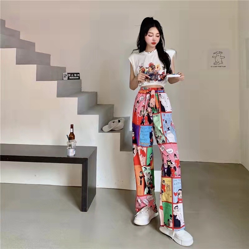 Set Áo Thun Sát Nách In Họa Tiết Và Quần Ống Rộng Thời Trang Cho Nữ