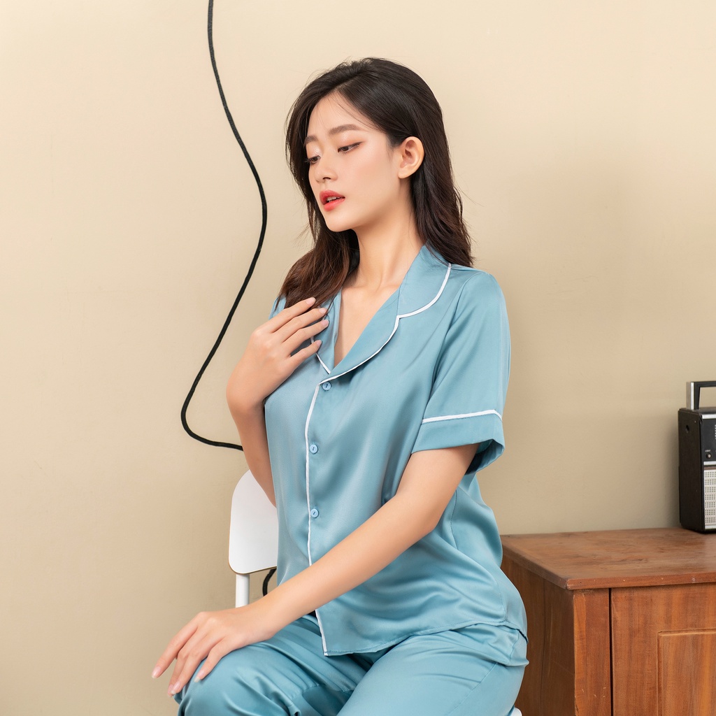 Bộ Lụa Pyjama Tay Ngắn Quần Dài Chất Liệu Lụa Pháp Mềm Mịn Cao Cấp Không Nhăn Không Xù | BigBuy360 - bigbuy360.vn