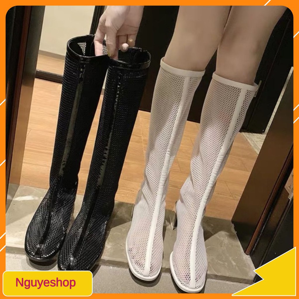 Sz 35-40 Boots đùi lưới phối viền bóng, gót gương 4cm