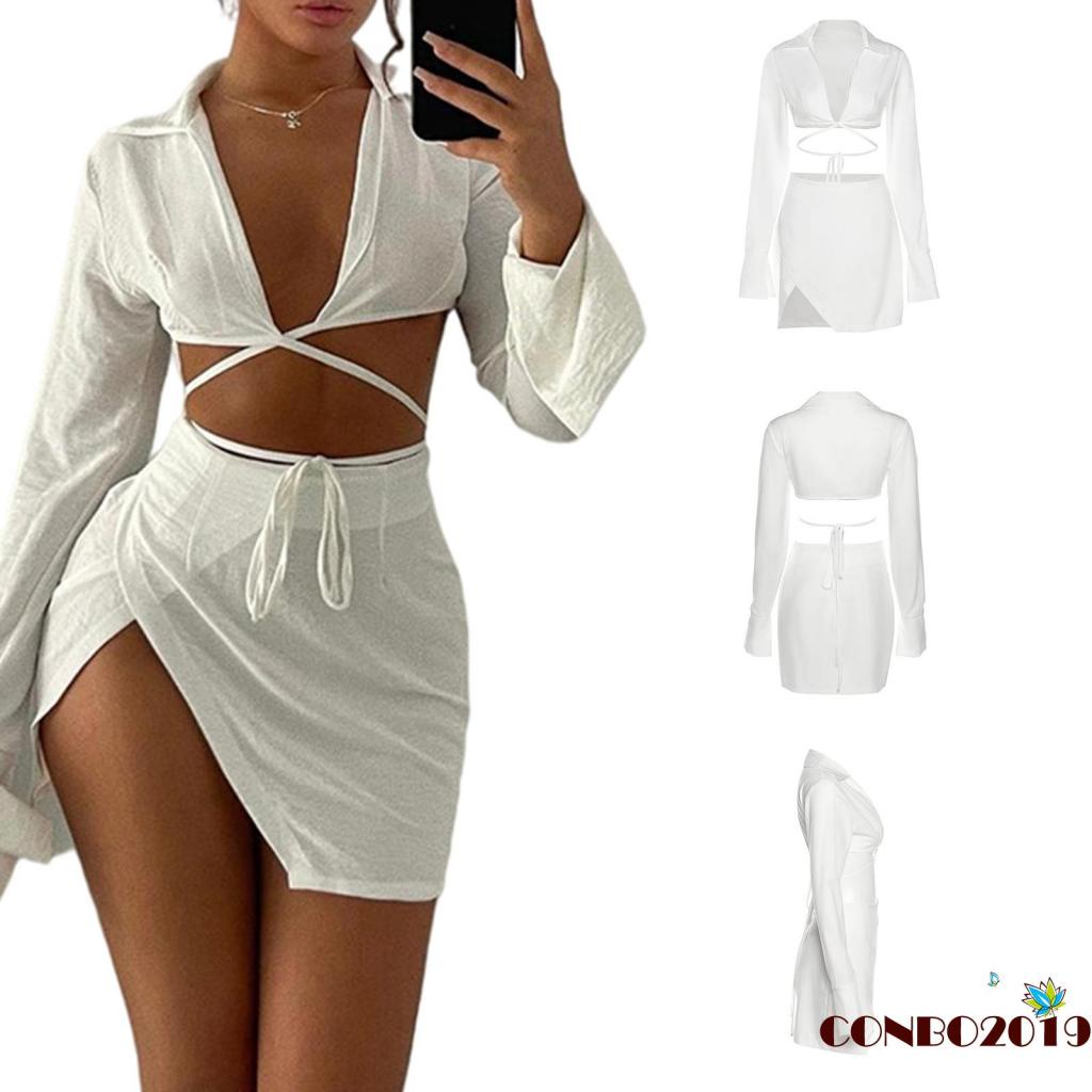 HGM-Women’s Sexy Tops and Skirt Suit Fashion Solid Color Long Sleeve Cardigan and Split Short Skirt