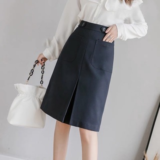 Chân váy chữ A xếp ly trước có túi đến gối không xẻ