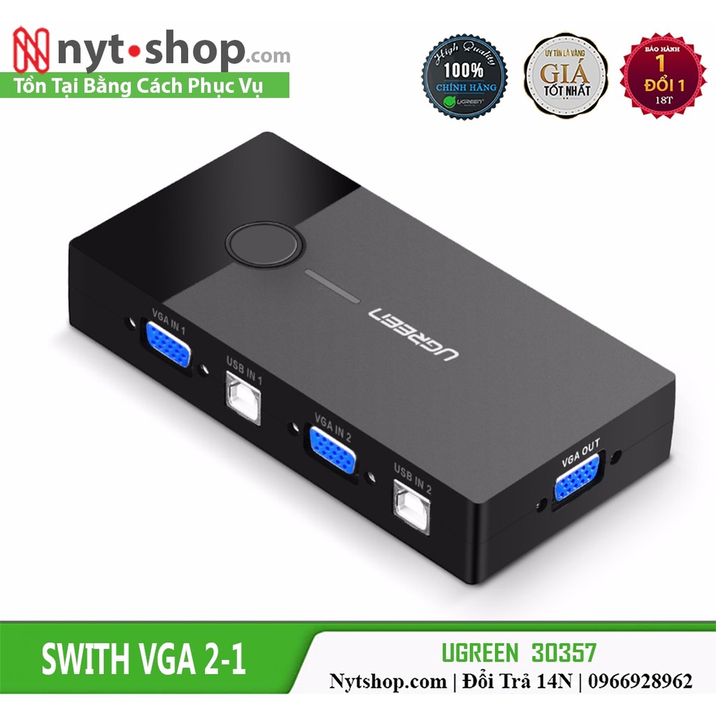 Bộ KVM Switch VGA 2-1 hỗ trợ kết nối 2 CPU, Laptop dùng chung 1 màn hình Tivi, Máy chiếu có cổng VGA