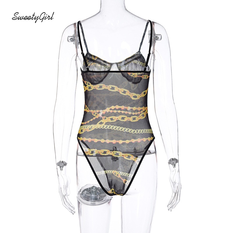 Bộ Áo Liền Quần Trong Suốt Phối Dây Xích Có Thể Điều Chỉnh Thời Trang Cho Nữ