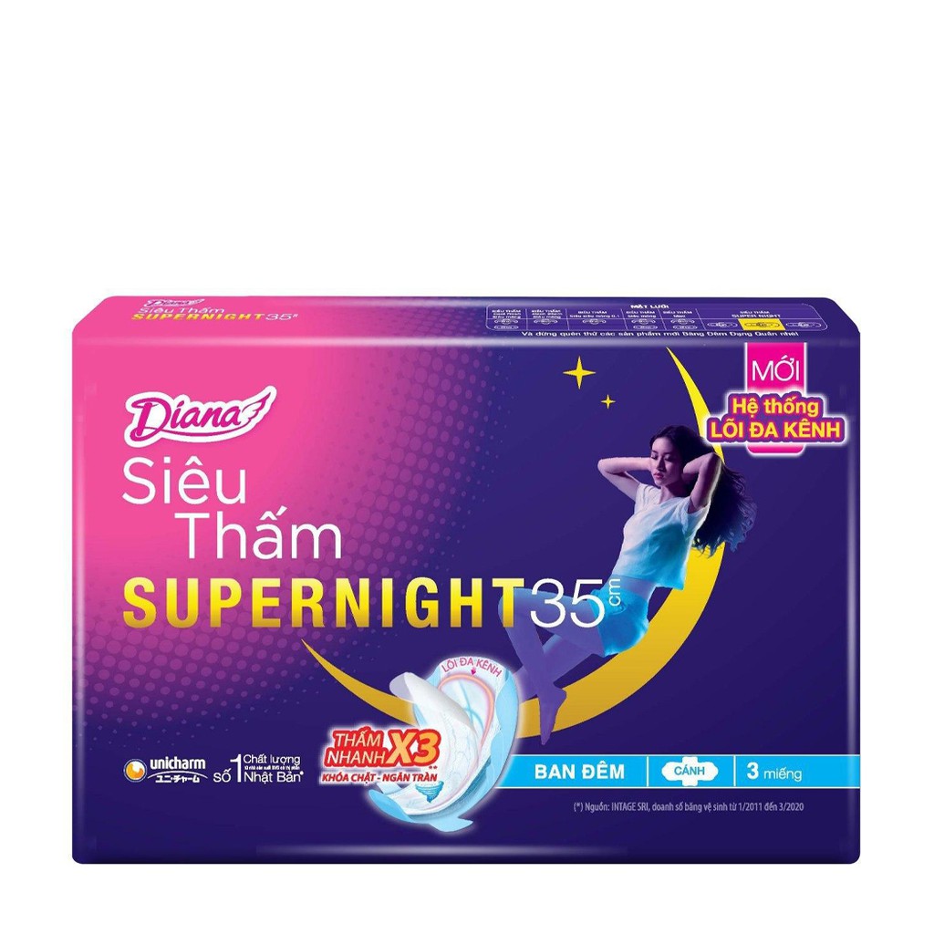 [che tên sp] Băng Vệ Sinh Ban Đêm Cánh Diana Super Night 29cm 4 miếng , 35cm 3 miếng