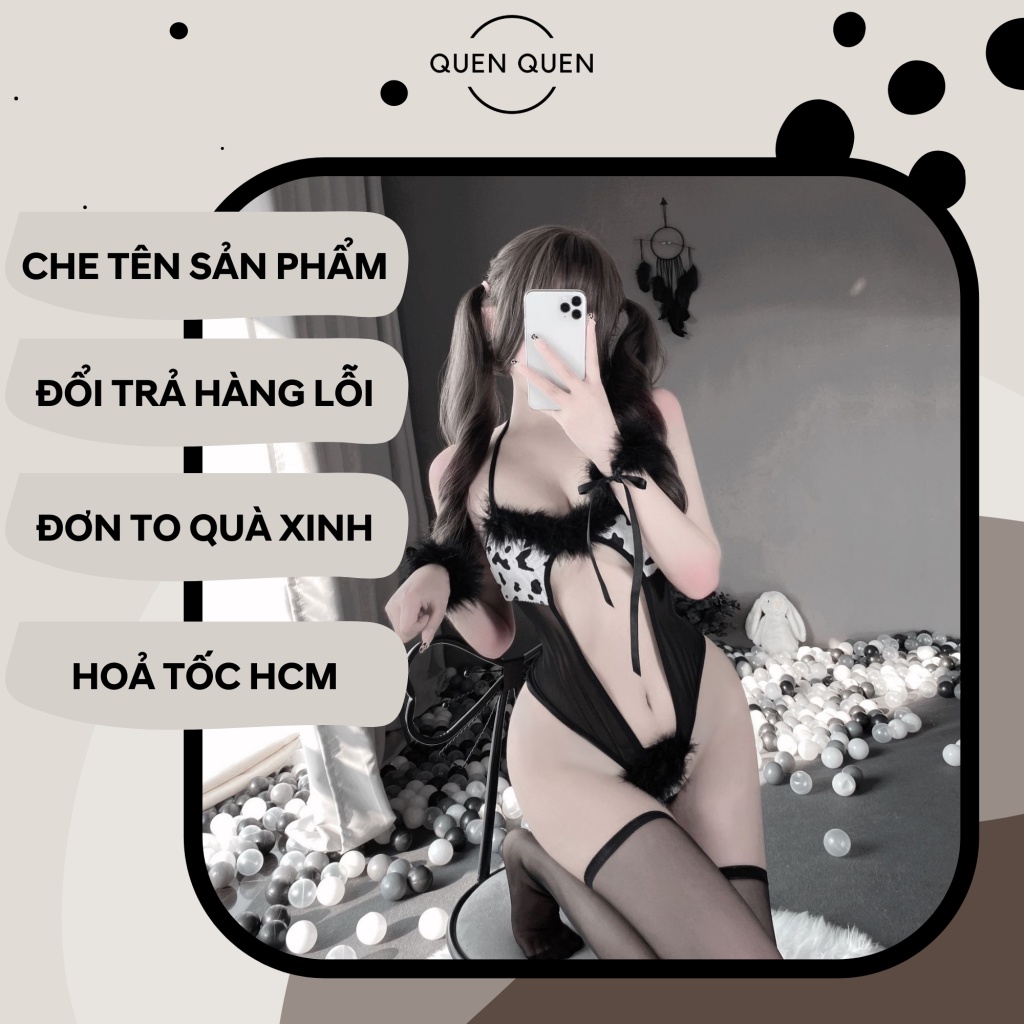 Đồ ngủ sexy đồ ngủ nữ cosplay bò sữa sexy ren lưới hoa văn màu đen freesize QUENQUEN store a5