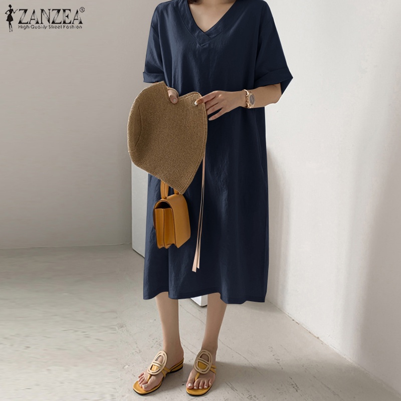 Đầm midi ZANZEA tay ngắn cổ chữ V phong cách Hàn Quốc cho nữ