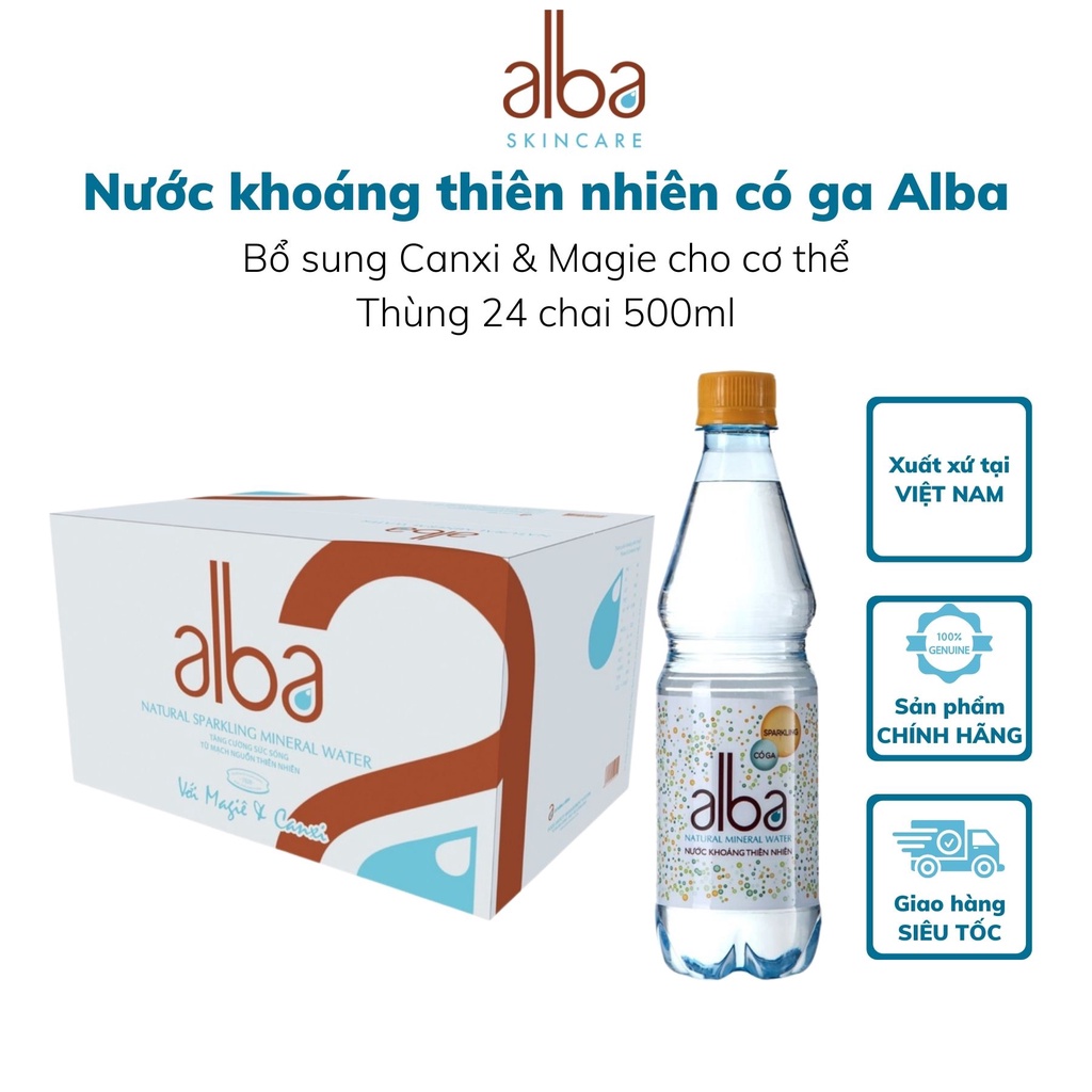 Thùng 24 chai nước khoáng thiên nhiên có ga Alba bổ sung Canxi Magie tốt cho sức khỏe 500ml