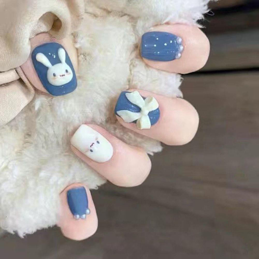 Bộ Móng Tay Giả Ngắn In Họa Tiết Hoạt Hình Gấu / Trái Tim / Dâu Tây / Gấu 3D Xinh Xắn