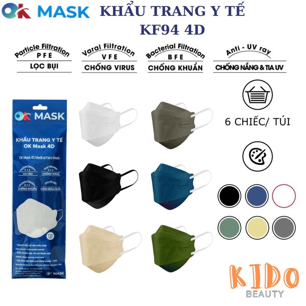 Khẩu Trang Y Tế 4D OK MASK Thiết Kế KF94 Medical Face Mask (6 Chiếc/Túi - Các Màu) Khẩu trang cao cấp người lớn
