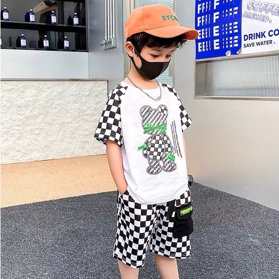 Bộ đồ bé trai Con Xinh cotton tay raplan caro hình in Gấu TIHE,thời trang dành cho trẻ em từ 4 đến 10 tuổi